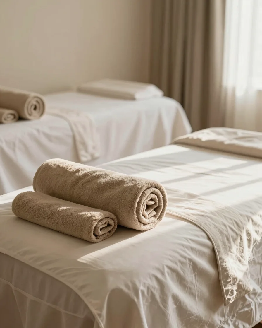 Rolled towels prepared for a private massage session