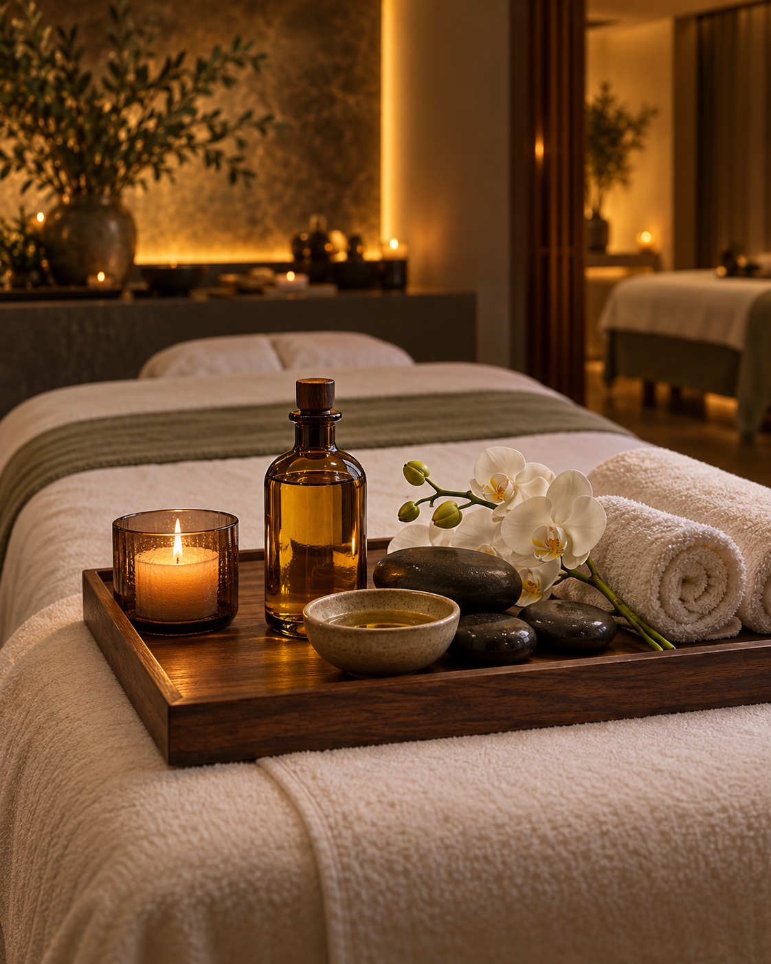 Amber massage oil, warm candlelight, smooth hot stones and orchids in an elegant spa suite