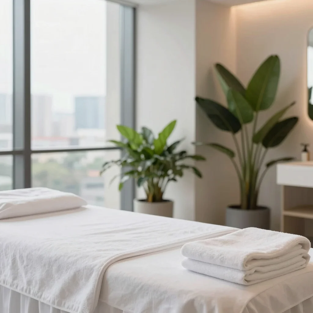 A calm massage room with soft linens and green plants
